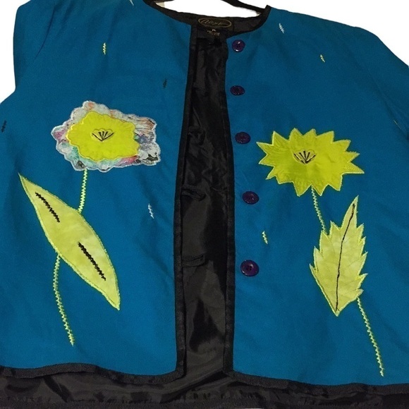ALEX Kim lined open front blazer retro floral appliqués size large petite - Picture 8 of 8